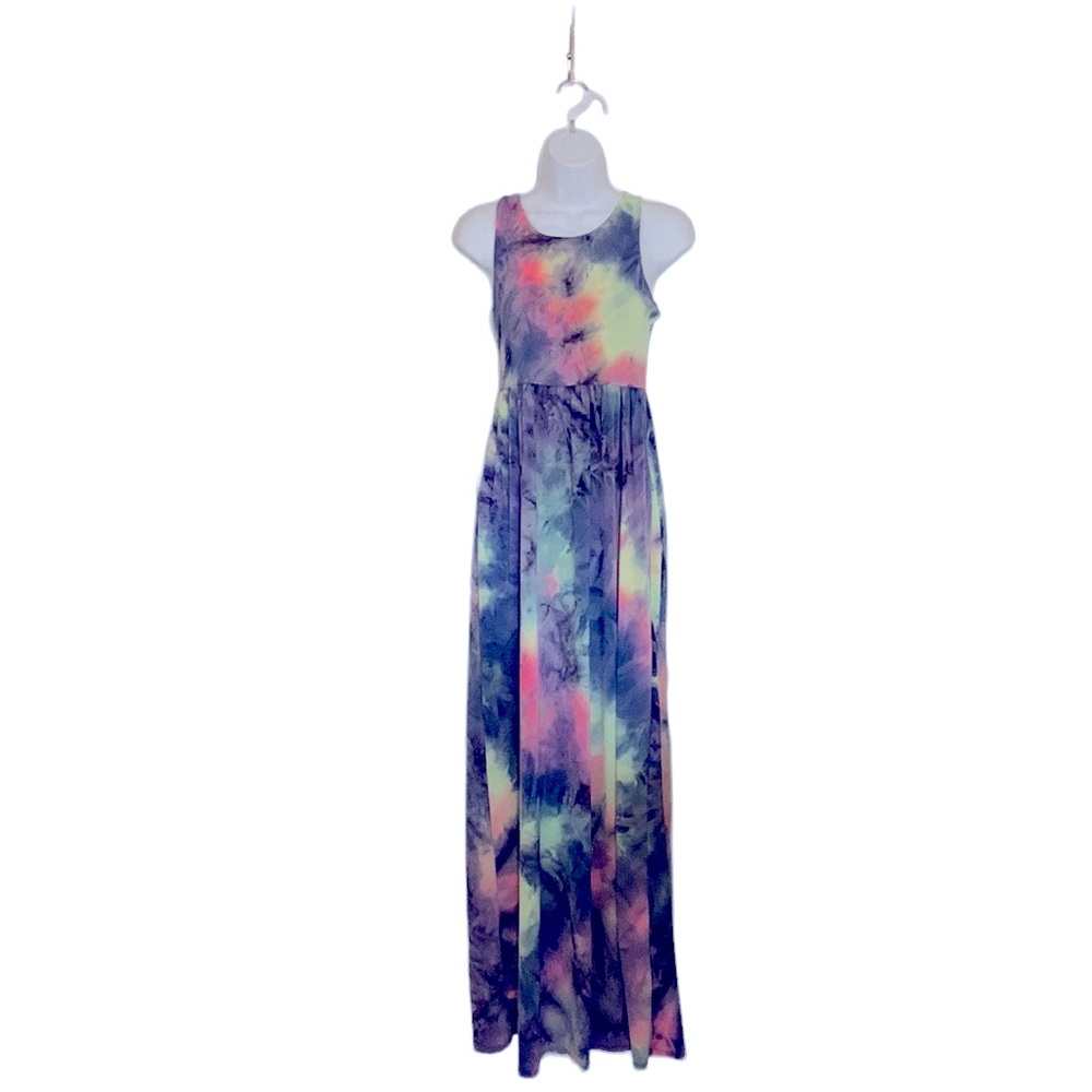 Beeson River Maxi tie dye dress, beautiful bold, pastel colors,racer back,size M